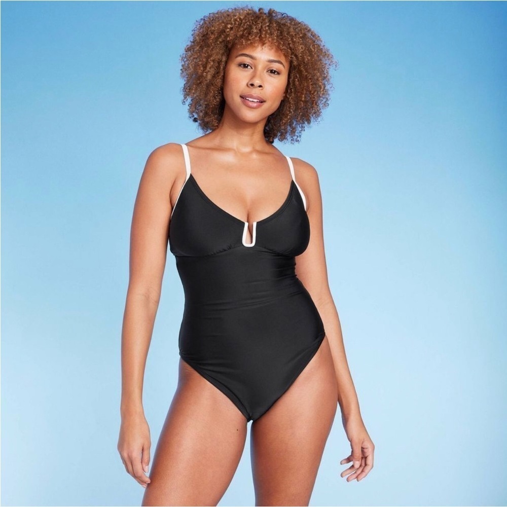Shade & Shore Women's Crepe U-Wire One Piece Swimsuit Black White Trim Large New